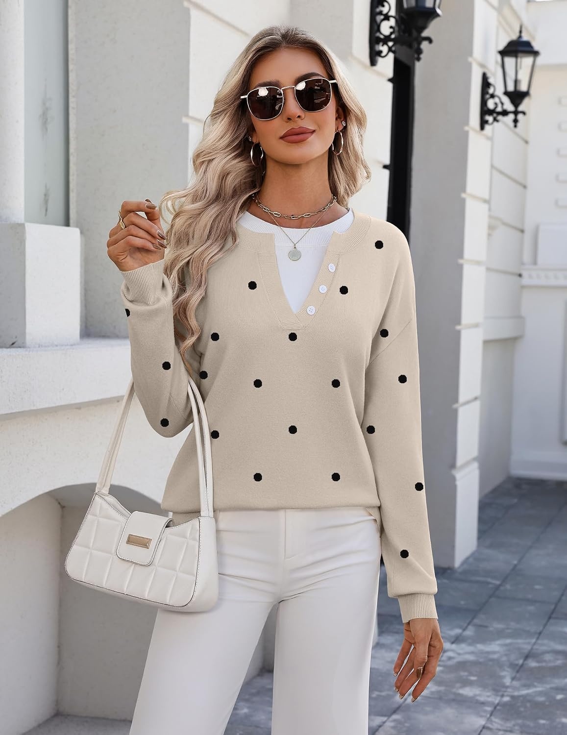 image:imageZeagoo Womens Sweaters Long Sleeve Crew Neck Pullover Tops Dressy OutfitsJh442 Polka Dot