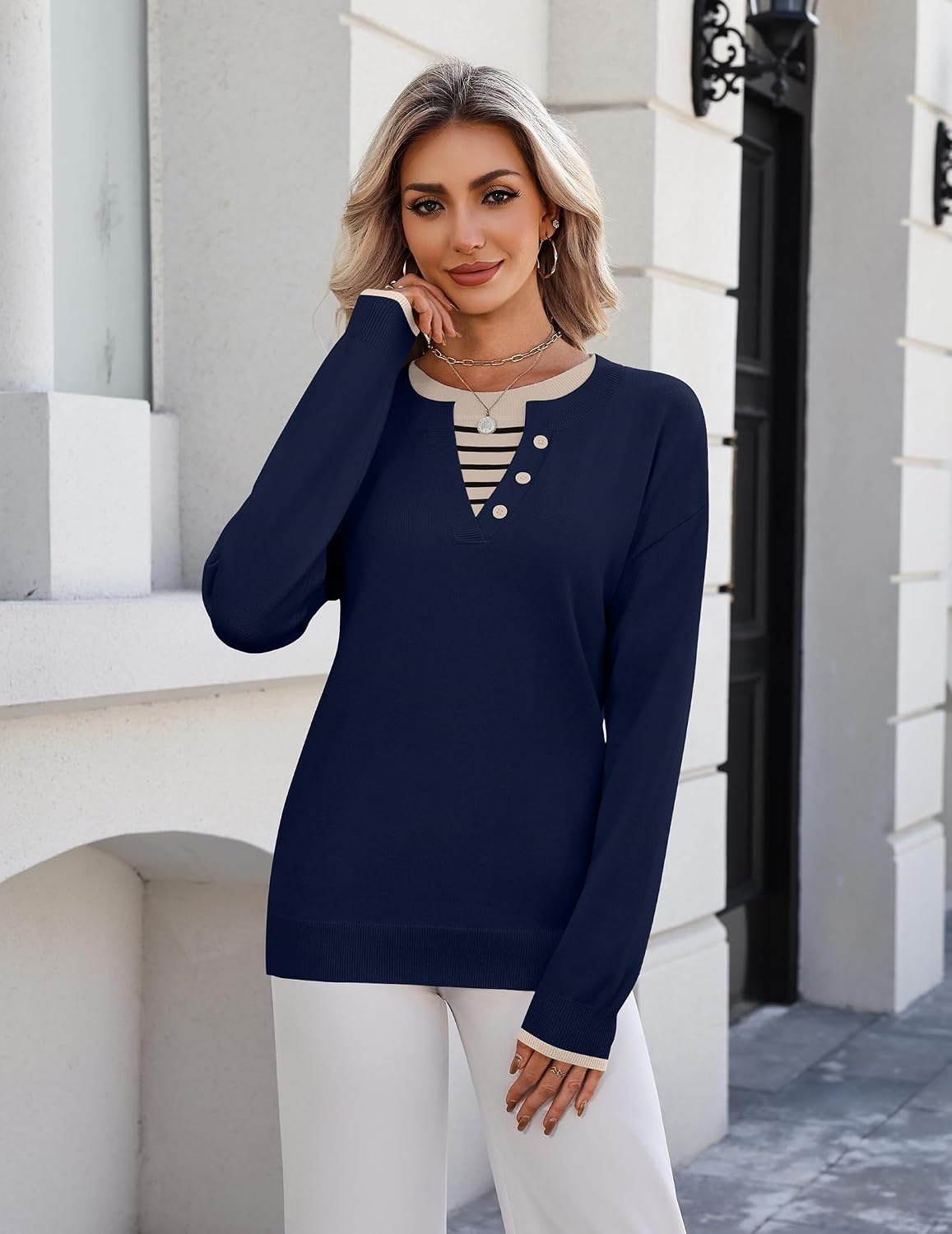 image:imageZeagoo Womens Sweaters Long Sleeve Crew Neck Pullover Tops Dressy OutfitsNavy Blue