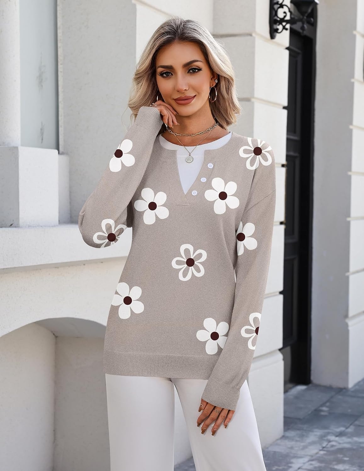image:imageZeagoo Womens Sweaters Long Sleeve Crew Neck Pullover Tops Dressy OutfitsSf175 Flower