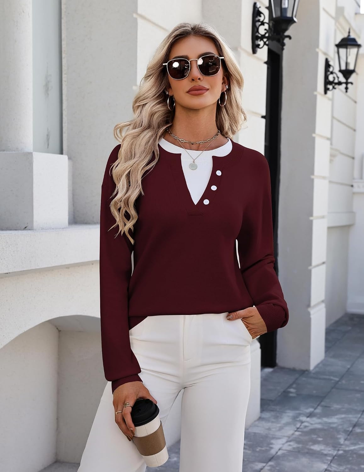 image:imageZeagoo Womens Sweaters Long Sleeve Crew Neck Pullover Tops Dressy OutfitsWine Red