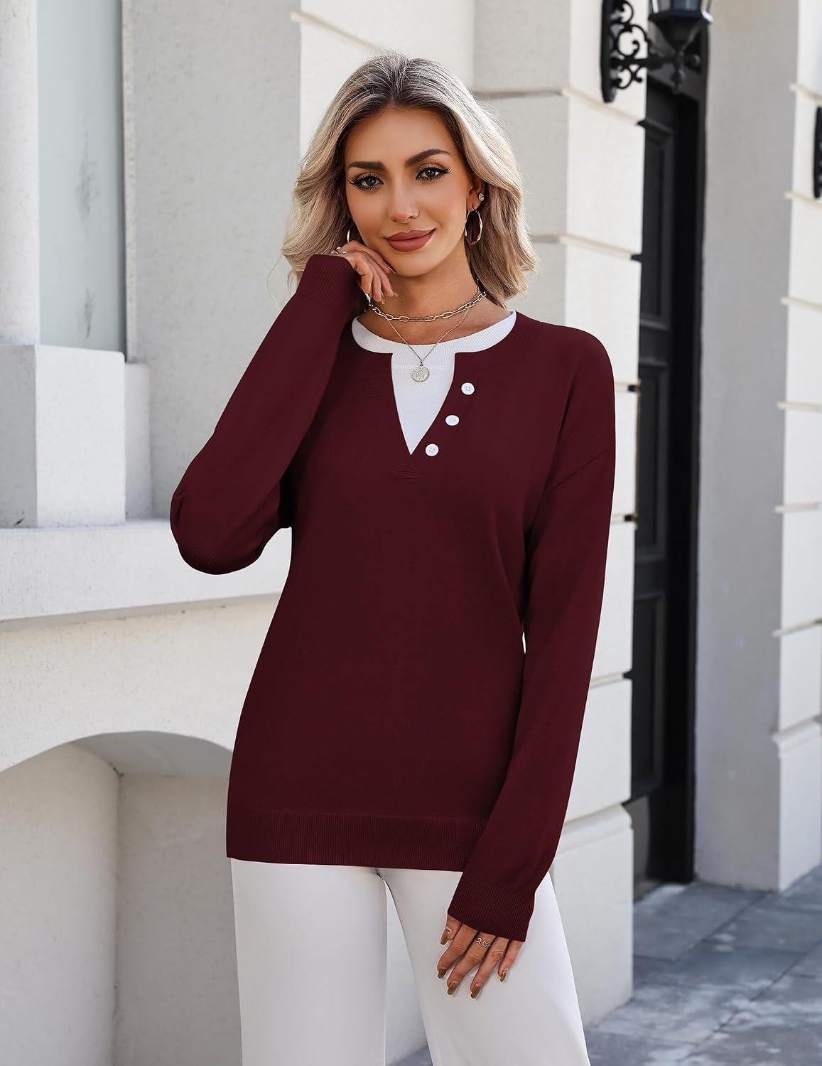 image:imageZeagoo Womens Sweaters Long Sleeve Crew Neck Pullover Tops Dressy OutfitsWine Red