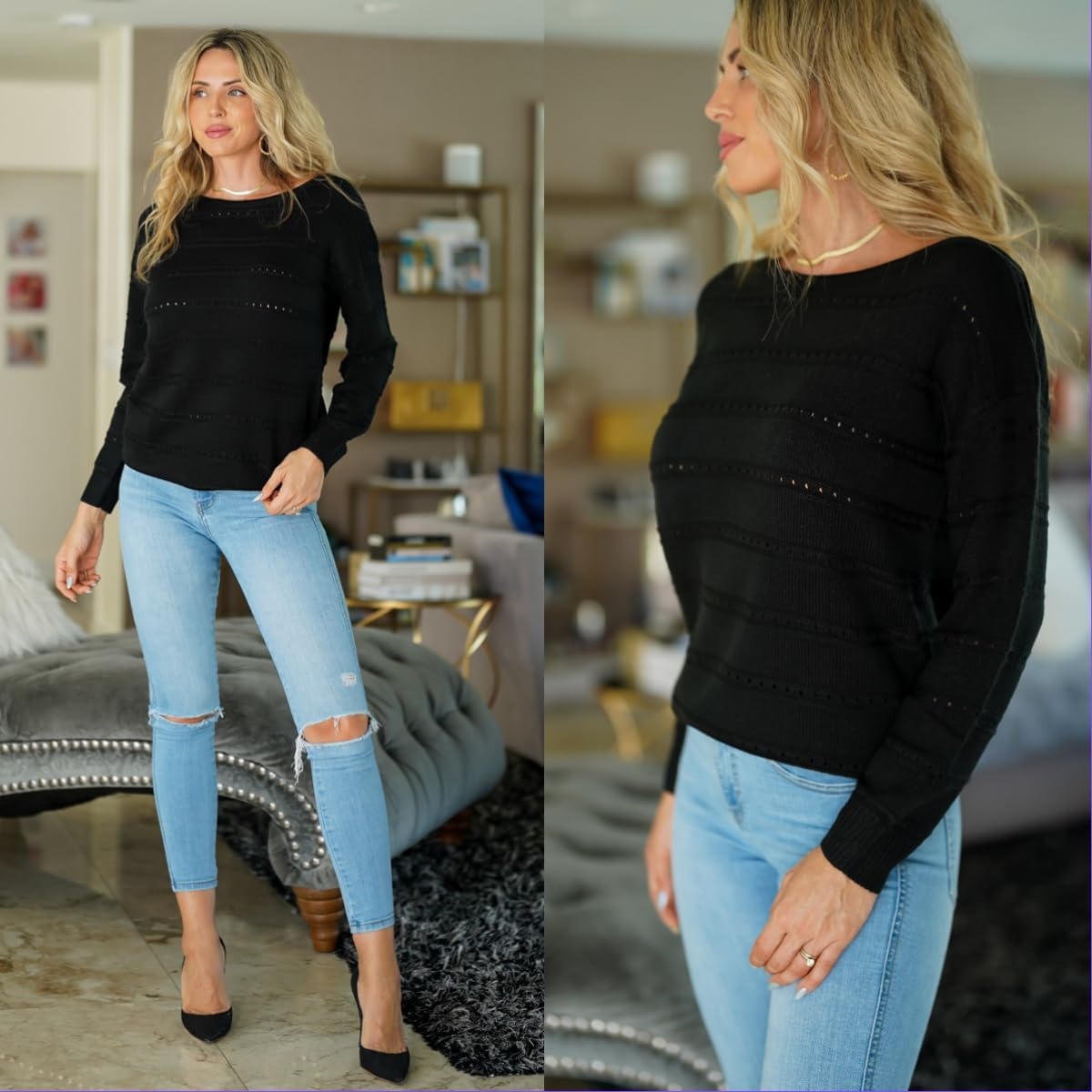 image:imageZeagoo Womens Sweaters Off The Shoulder Crochet Dressy Casual OutfitsAblack