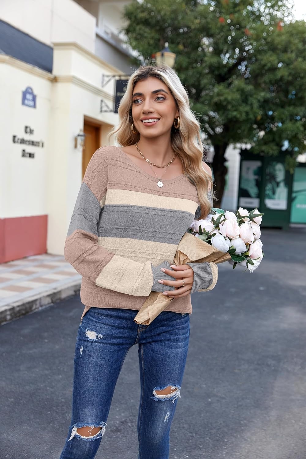 image:imageZeagoo Womens Sweaters Off The Shoulder Crochet Dressy Casual OutfitsColorblock 537