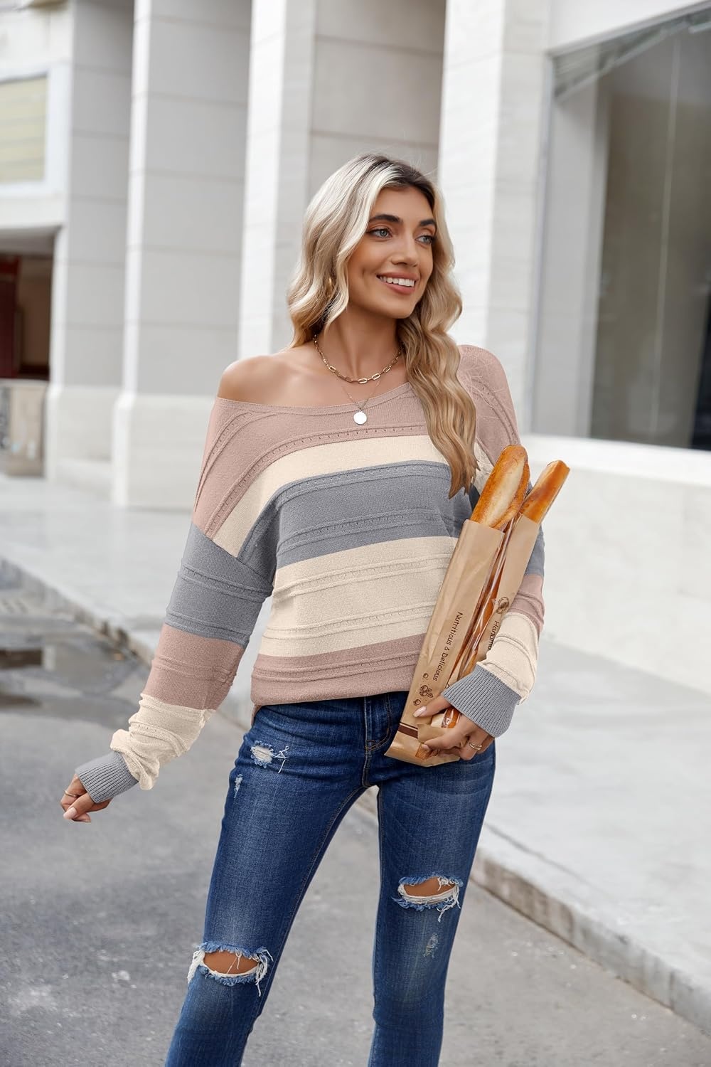 image:imageZeagoo Womens Sweaters Off The Shoulder Crochet Dressy Casual OutfitsColorblock 537
