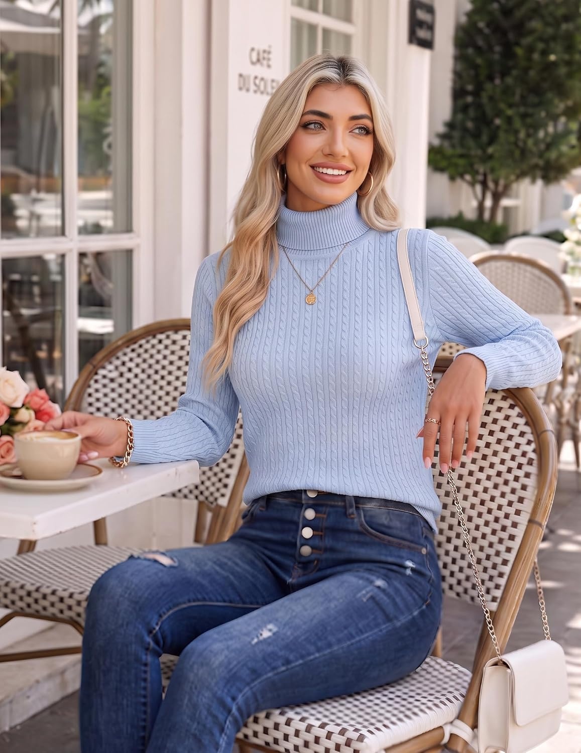 image:imageZeagoo Womens Sweaters Turtleneck Cable Knit Long Sleeve Pullover Fall TopsBlue