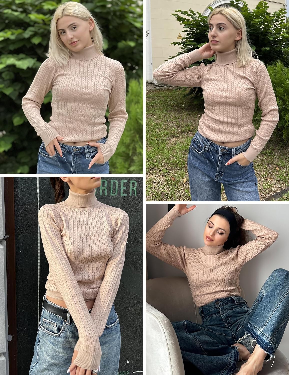 image:imageZeagoo Womens Sweaters Turtleneck Cable Knit Long Sleeve Pullover Fall TopsKhaki
