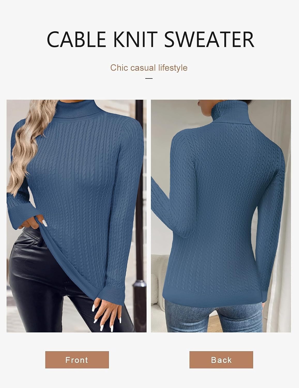 image:imageZeagoo Womens Sweaters Turtleneck Cable Knit Long Sleeve Pullover Fall TopsNavy Blue