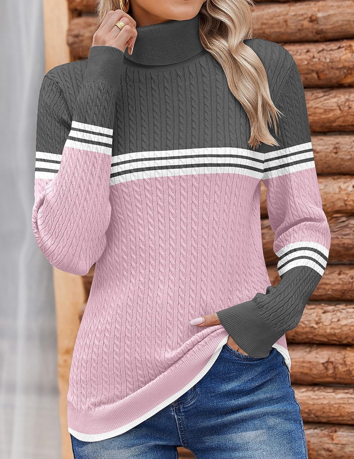 image:imageZeagoo Womens Sweaters Turtleneck Cable Knit Long Sleeve Pullover Fall TopsZ Pink