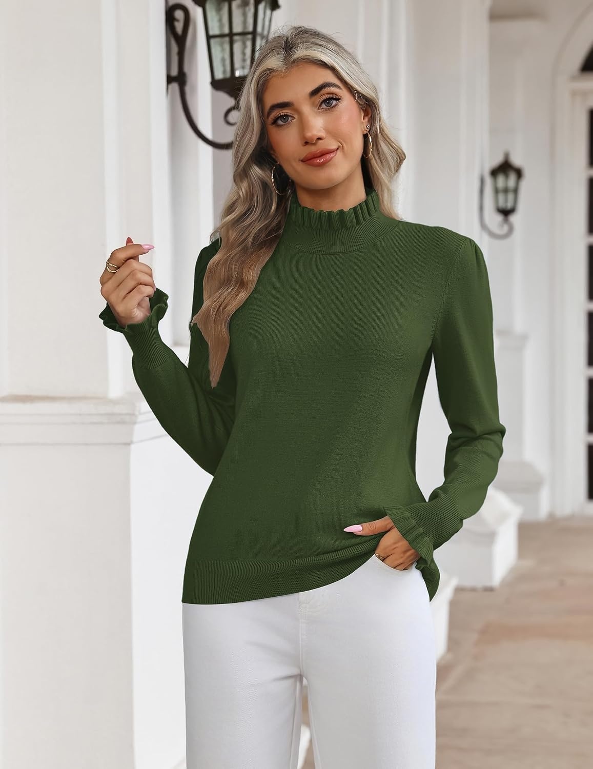 image:imageZeagoo Womens Turtleneck Sweater Fall Ruffle Dressy Knit Long Sleeve TopsArmy Green