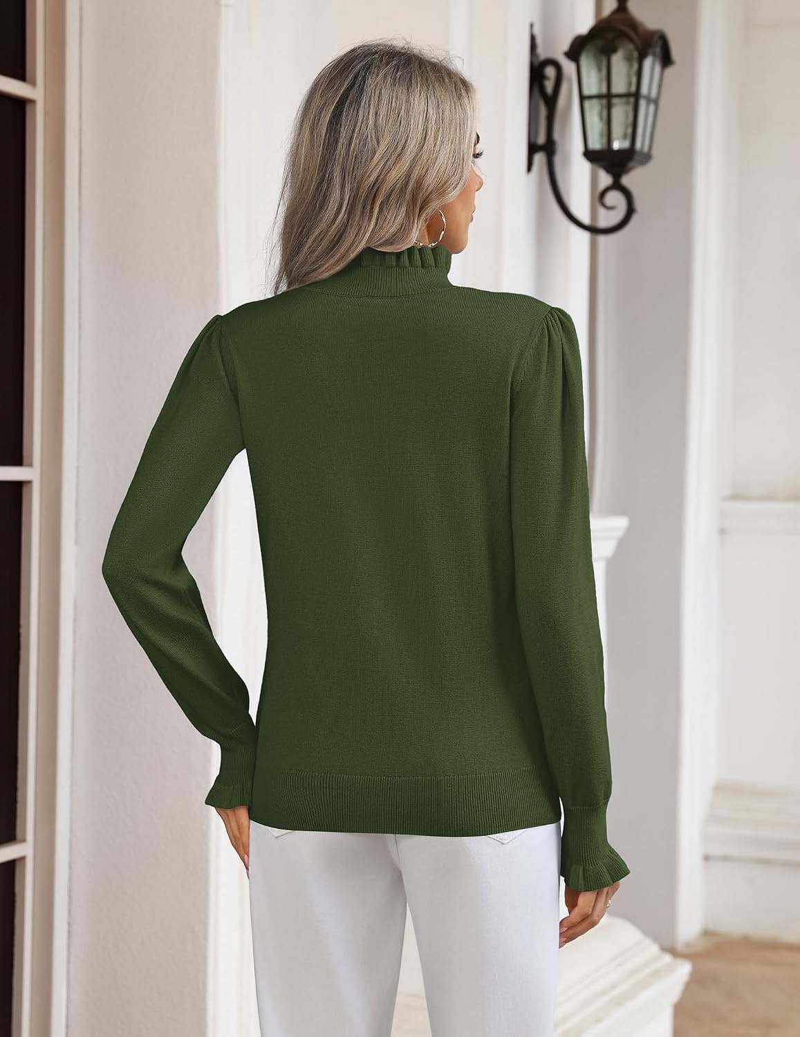 image:imageZeagoo Womens Turtleneck Sweater Fall Ruffle Dressy Knit Long Sleeve TopsArmy Green