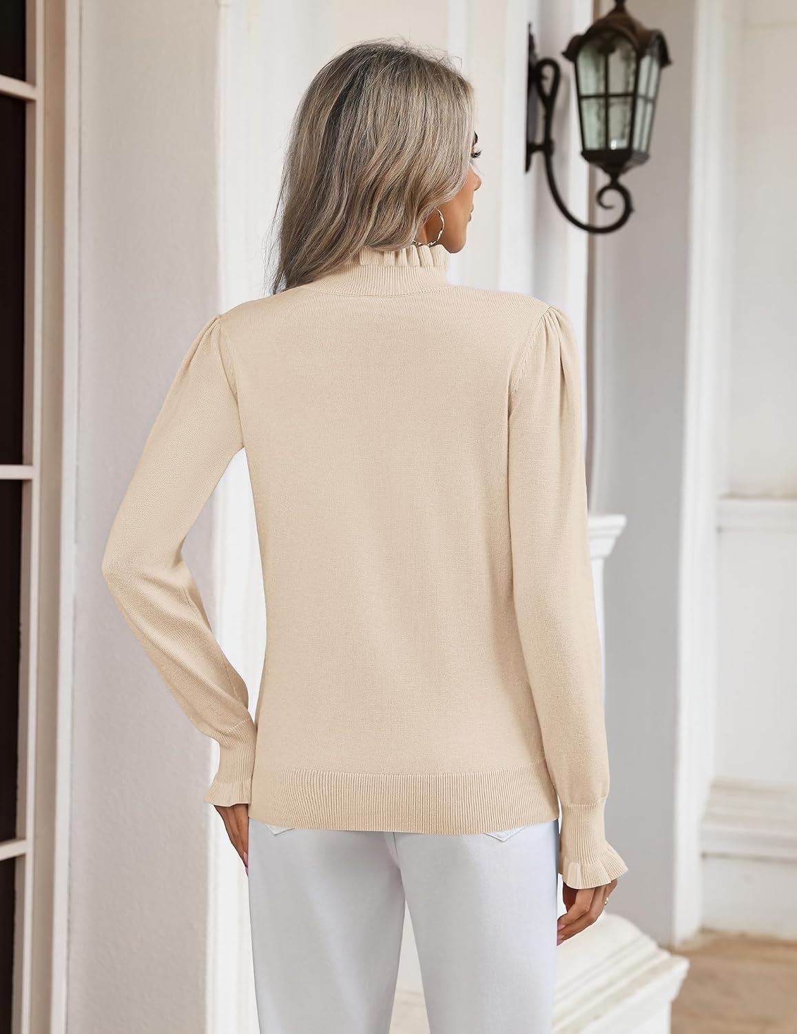 image:imageZeagoo Womens Turtleneck Sweater Fall Ruffle Dressy Knit Long Sleeve TopsBeige