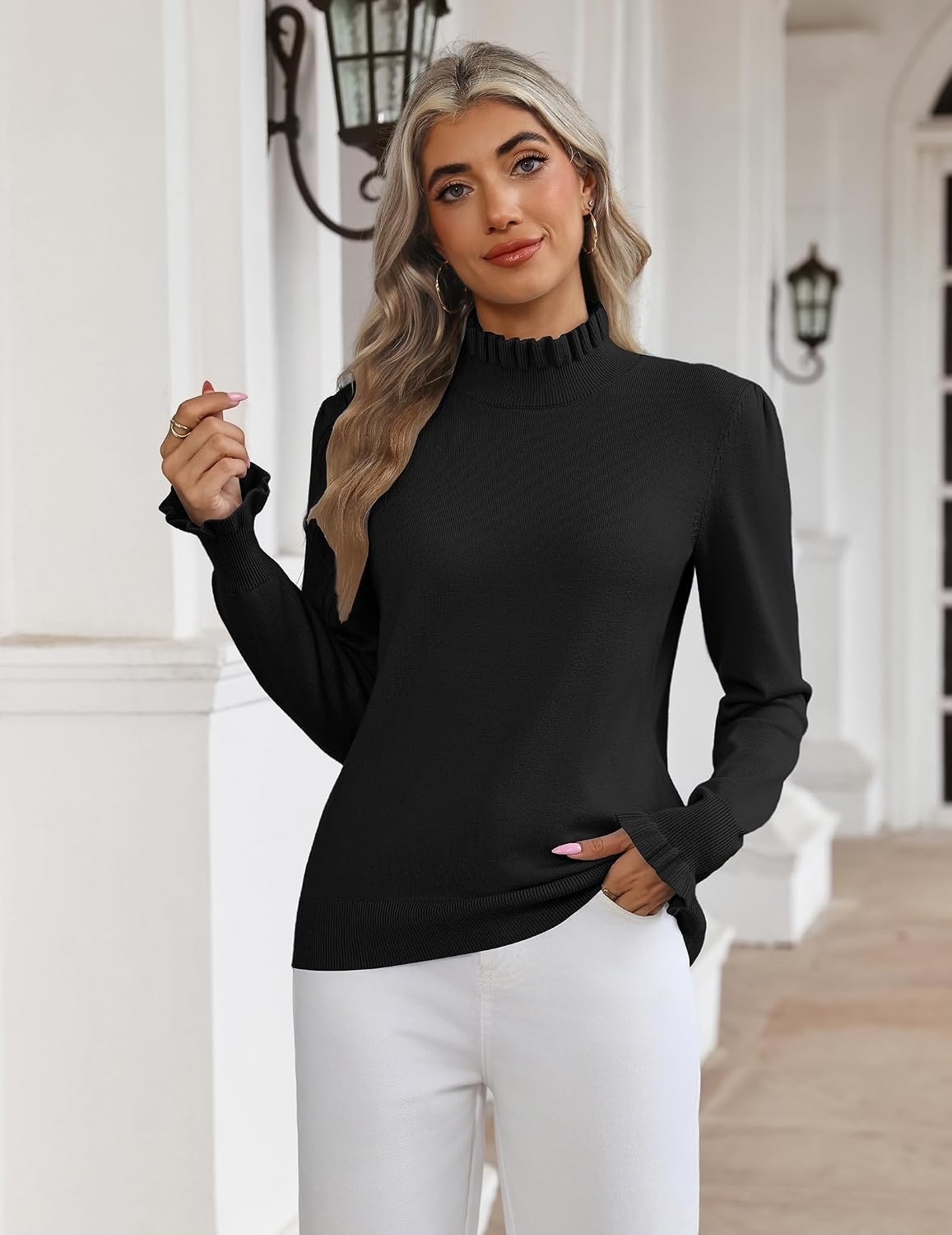 image:imageZeagoo Womens Turtleneck Sweater Fall Ruffle Dressy Knit Long Sleeve TopsBlack