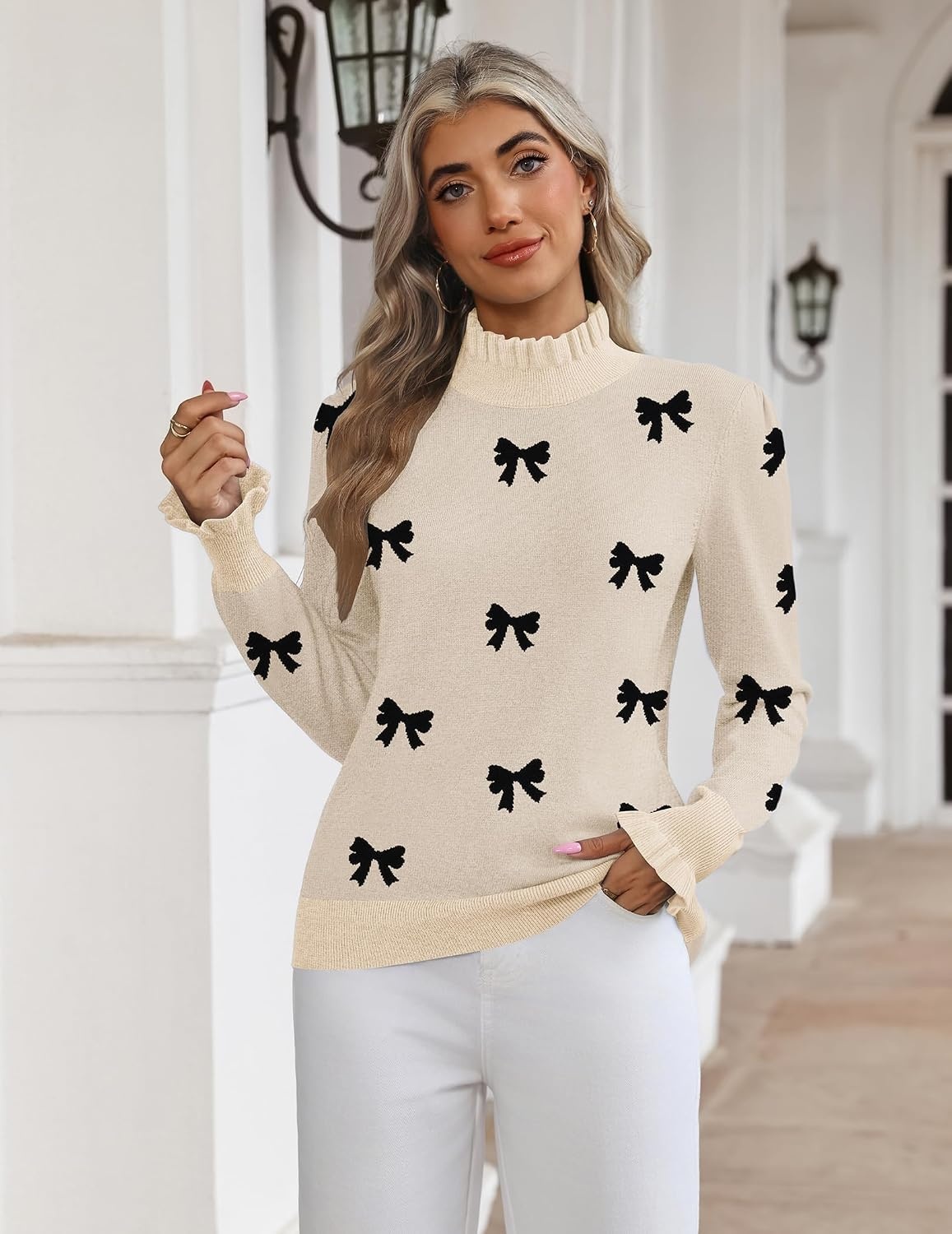 image:imageZeagoo Womens Turtleneck Sweater Fall Ruffle Dressy Knit Long Sleeve TopsBlack Bow