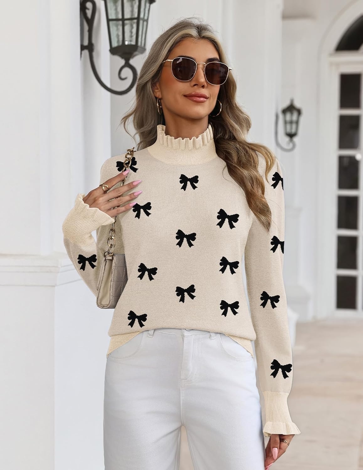 image:imageZeagoo Womens Turtleneck Sweater Fall Ruffle Dressy Knit Long Sleeve TopsBlack Bow