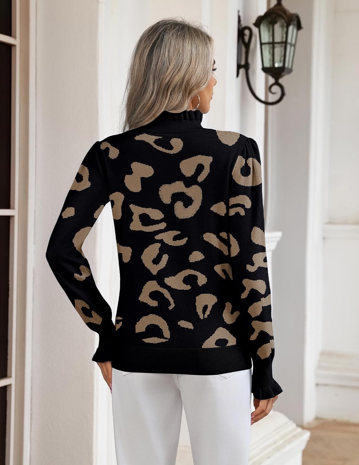 image:imageZeagoo Womens Turtleneck Sweater Fall Ruffle Dressy Knit Long Sleeve TopsBlack Leopard