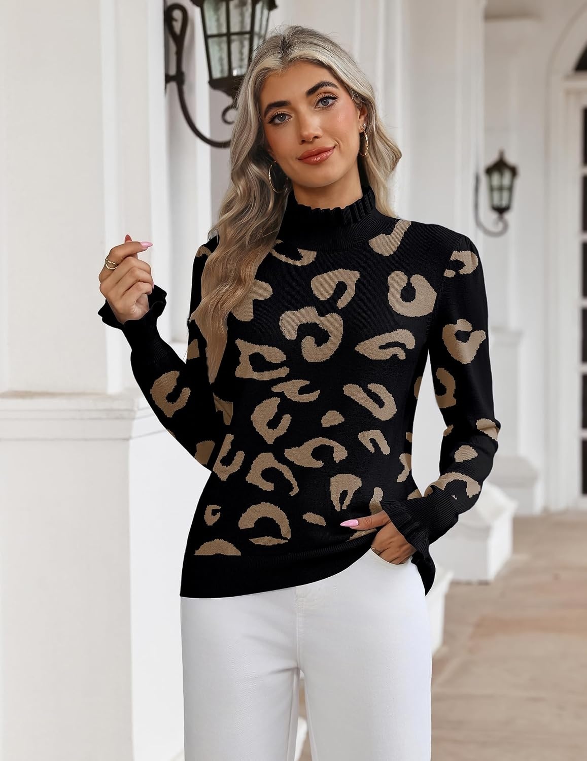 image:imageZeagoo Womens Turtleneck Sweater Fall Ruffle Dressy Knit Long Sleeve TopsBlack Leopard