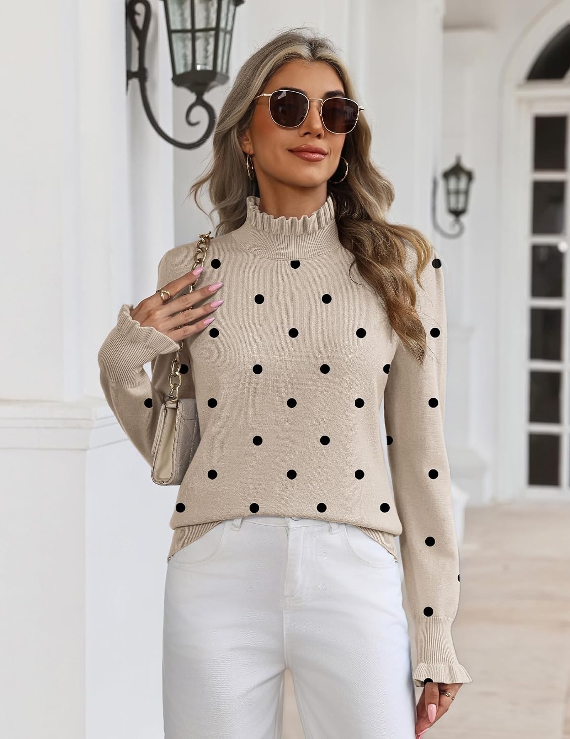 image:imageZeagoo Womens Turtleneck Sweater Fall Ruffle Dressy Knit Long Sleeve TopsKhaki Polka Dots
