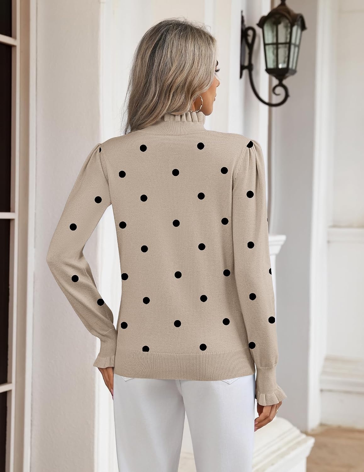 image:imageZeagoo Womens Turtleneck Sweater Fall Ruffle Dressy Knit Long Sleeve TopsKhaki Polka Dots