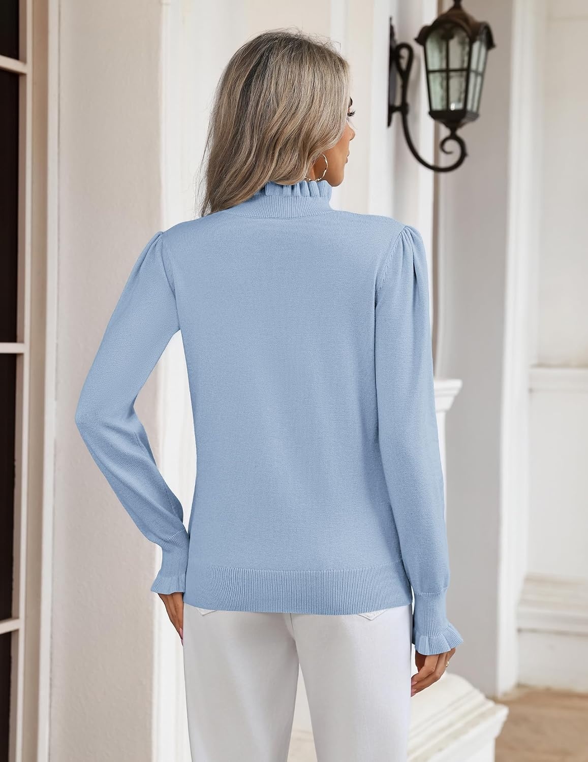 image:imageZeagoo Womens Turtleneck Sweater Fall Ruffle Dressy Knit Long Sleeve TopsLight Blue