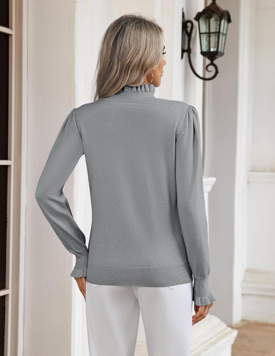 image:imageZeagoo Womens Turtleneck Sweater Fall Ruffle Dressy Knit Long Sleeve TopsLight Grey