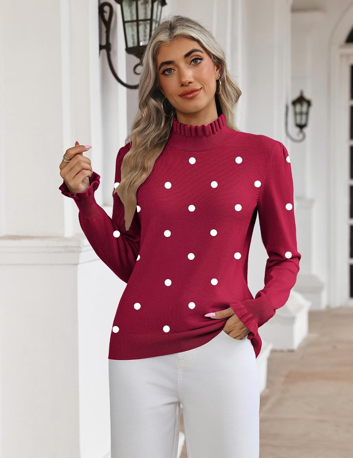 image:imageZeagoo Womens Turtleneck Sweater Fall Ruffle Dressy Knit Long Sleeve TopsRed Polka Dots