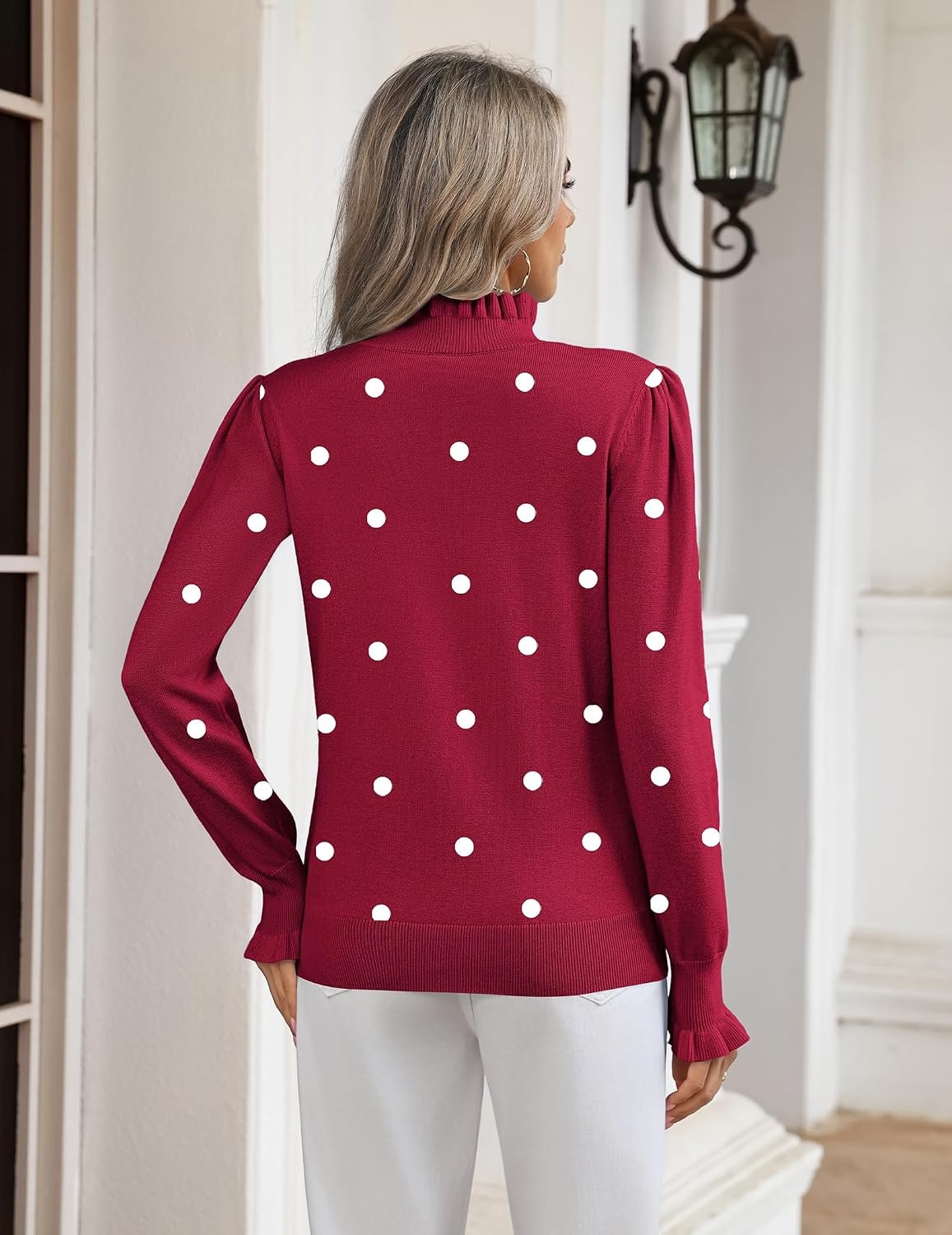 image:imageZeagoo Womens Turtleneck Sweater Fall Ruffle Dressy Knit Long Sleeve TopsRed Polka Dots