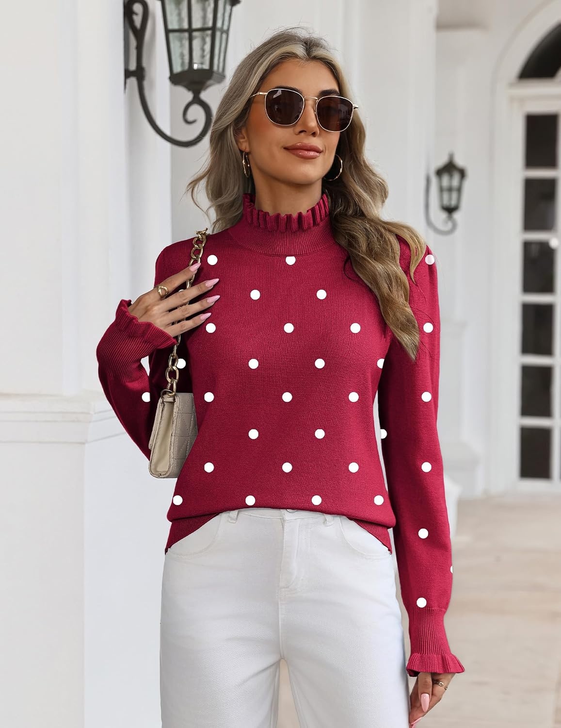image:imageZeagoo Womens Turtleneck Sweater Fall Ruffle Dressy Knit Long Sleeve TopsRed Polka Dots