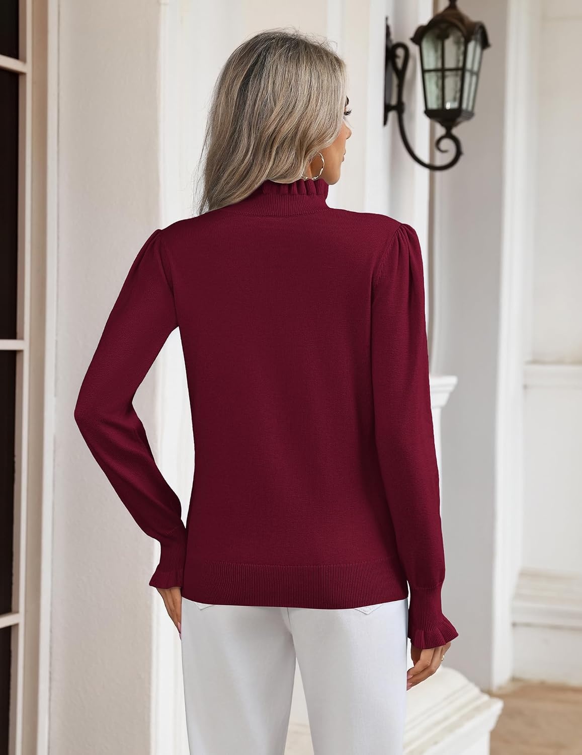 image:imageZeagoo Womens Turtleneck Sweater Fall Ruffle Dressy Knit Long Sleeve TopsWine Red