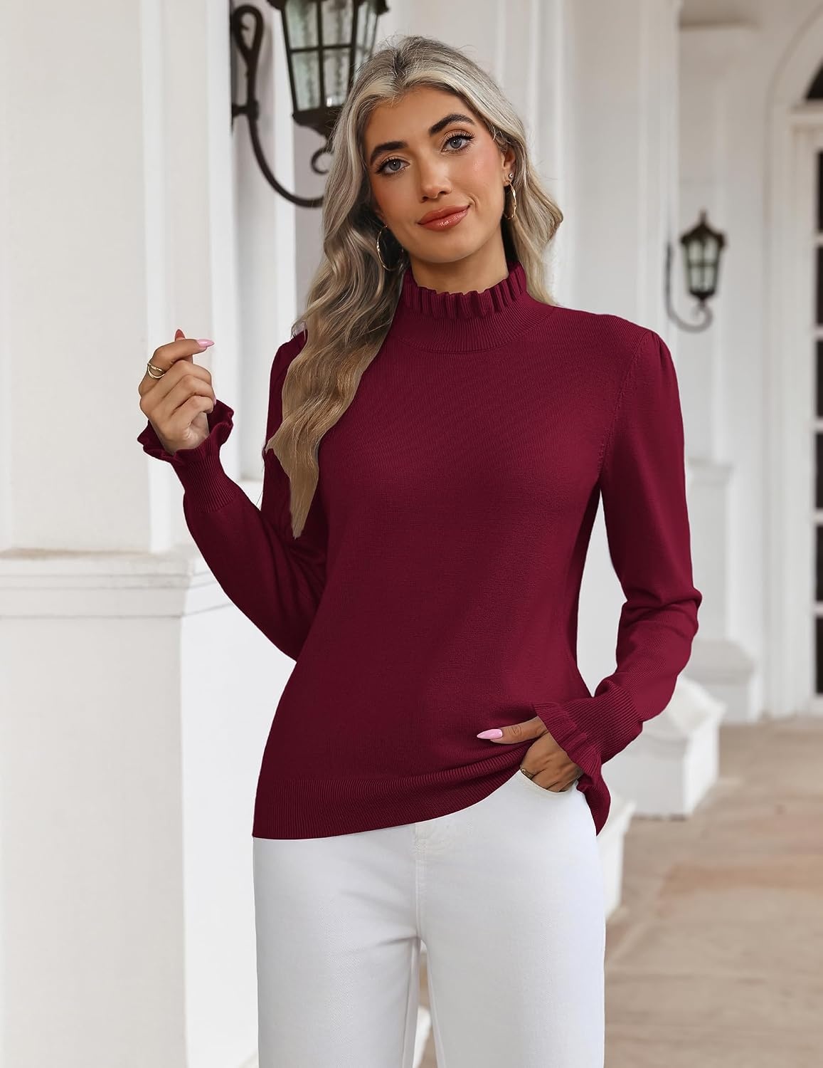 image:imageZeagoo Womens Turtleneck Sweater Fall Ruffle Dressy Knit Long Sleeve TopsWine Red