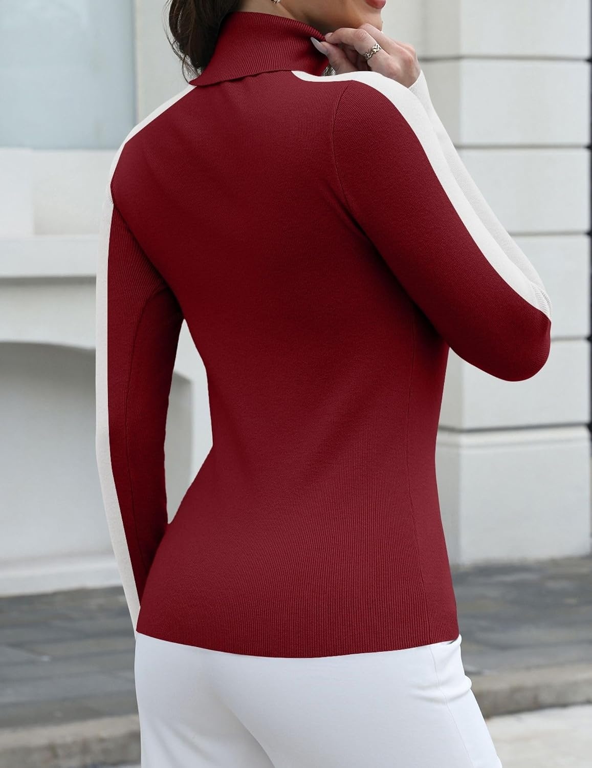 image:imageZeagoo Womens Turtleneck Sweater Long Sleeve Tops Basic Fall ClothesA2red Contrast Stripe
