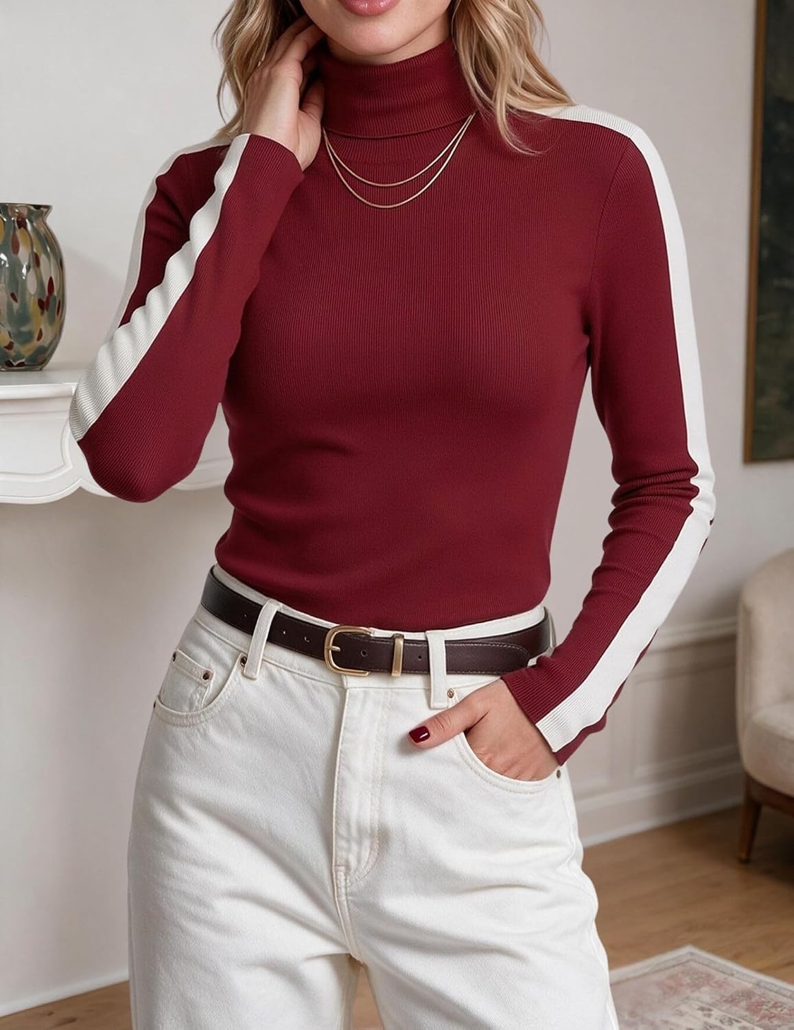 image:imageZeagoo Womens Turtleneck Sweater Long Sleeve Tops Basic Fall ClothesA2red Contrast Stripe