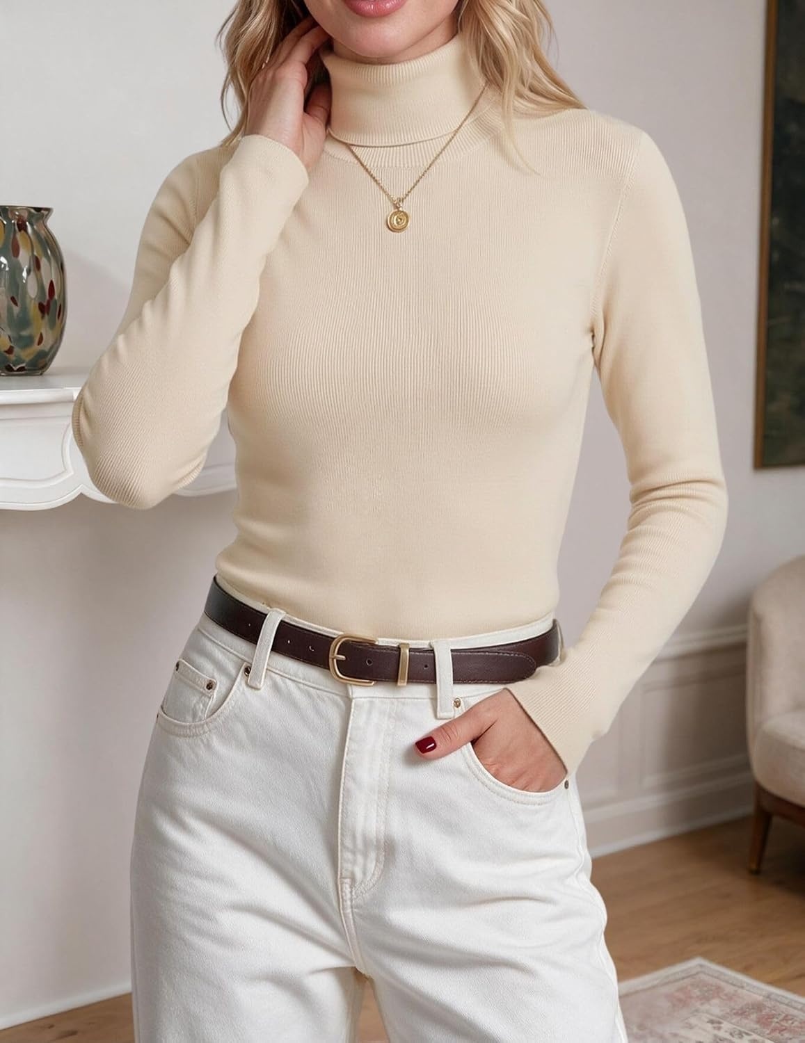 image:imageZeagoo Womens Turtleneck Sweater Long Sleeve Tops Basic Fall ClothesBeige