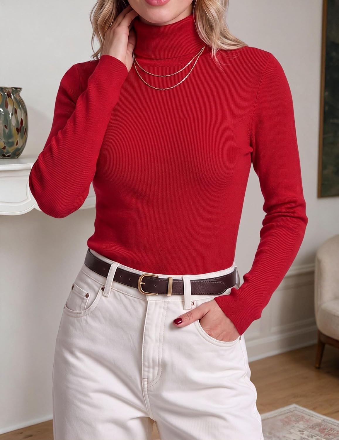 image:imageZeagoo Womens Turtleneck Sweater Long Sleeve Tops Basic Fall ClothesRed