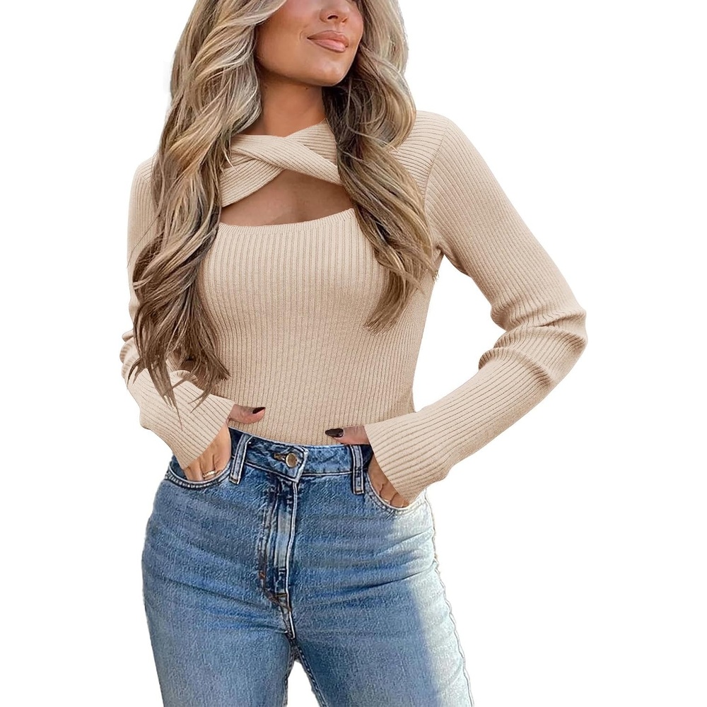image:imageZeagoo Sweaters for Women 2026 Knit Trendy Long Sleeve Lightweight Slim Fit Pullover Cutout Tops SXXLCoffee1