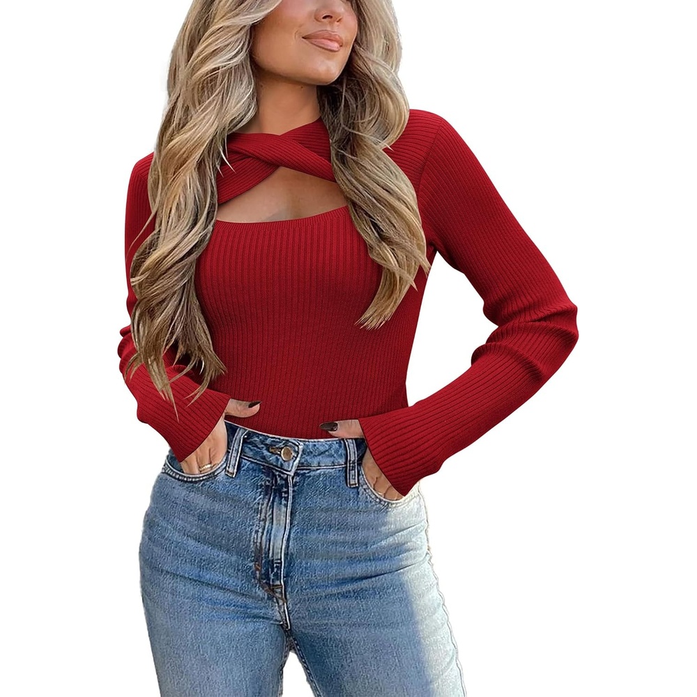 image:imageZeagoo Sweaters for Women 2026 Knit Trendy Long Sleeve Lightweight Slim Fit Pullover Cutout Tops SXXLRed
