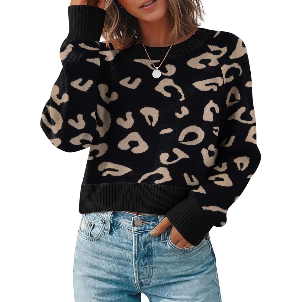 image:imageZeagoo Sweaters for Women Cropped Crewneck Basic 2026 Trendy Fall TopsBlack Leopard Print