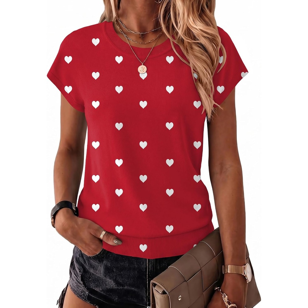 image:imageZeagoo Sweaters for Women Tops Short Sleeve Crewneck Basic Fashion ClothingLove Printred Ax71
