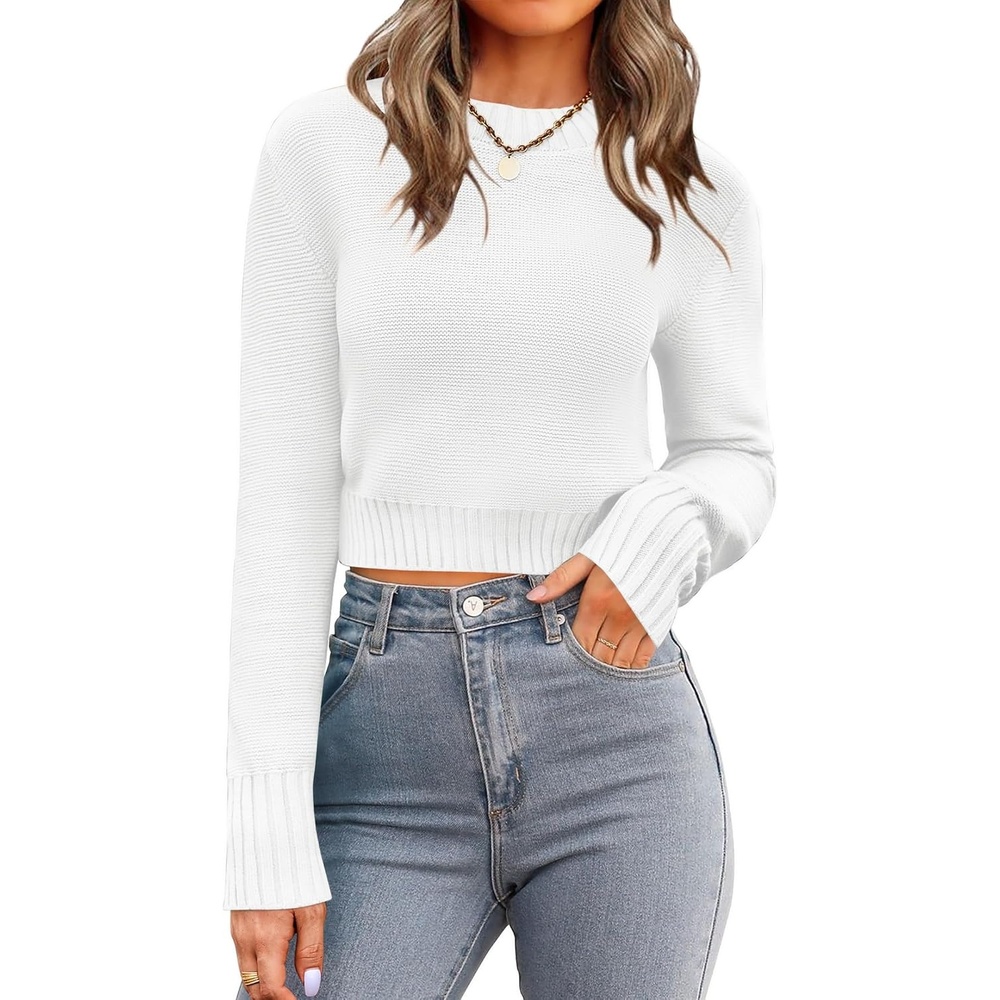 image:imageZeagoo Womens 2026 Fall Crewneck Cropped Sweaters Long Sleeve Knit TopsAwhite