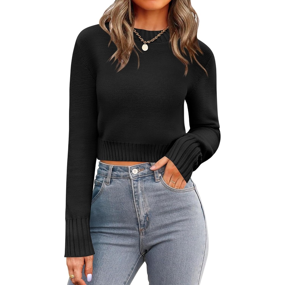 image:imageZeagoo Womens 2026 Fall Crewneck Cropped Sweaters Long Sleeve Knit TopsBlack