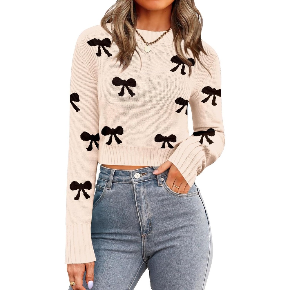 image:imageZeagoo Womens 2026 Fall Crewneck Cropped Sweaters Long Sleeve Knit TopsBowknot Beige