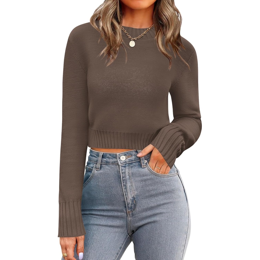 image:imageZeagoo Womens 2026 Fall Crewneck Cropped Sweaters Long Sleeve Knit TopsCoffee