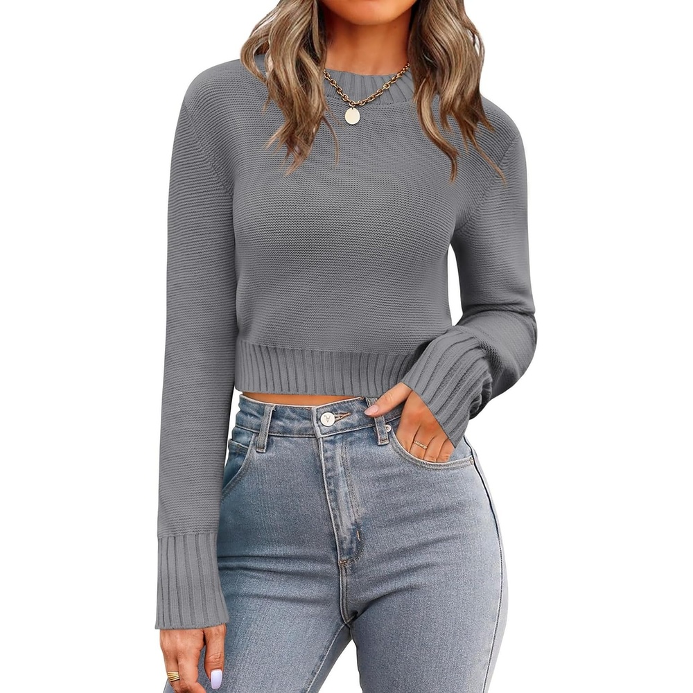 image:imageZeagoo Womens 2026 Fall Crewneck Cropped Sweaters Long Sleeve Knit TopsGrey
