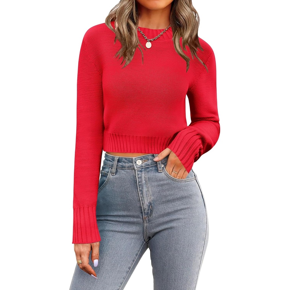 image:imageZeagoo Womens 2026 Fall Crewneck Cropped Sweaters Long Sleeve Knit TopsRed