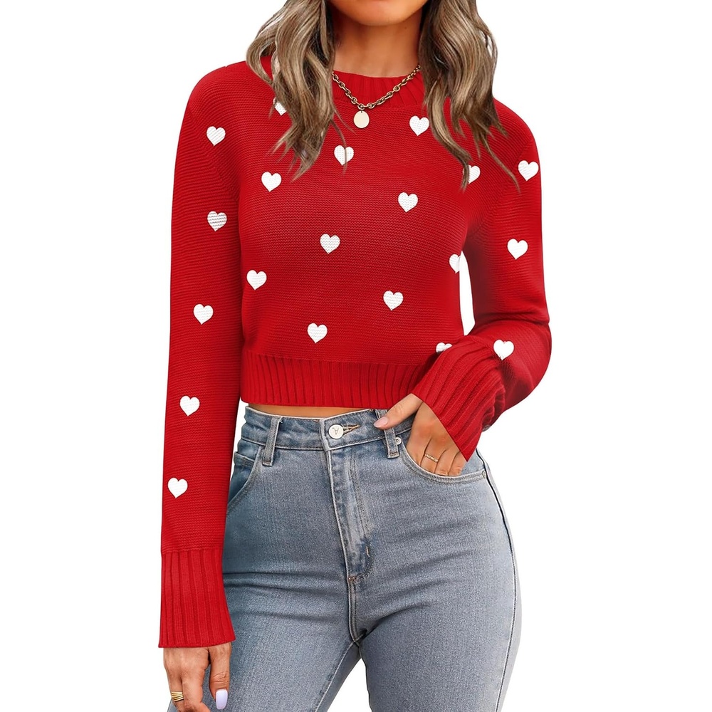 image:imageZeagoo Womens 2026 Fall Crewneck Cropped Sweaters Long Sleeve Knit TopsRed White Heart