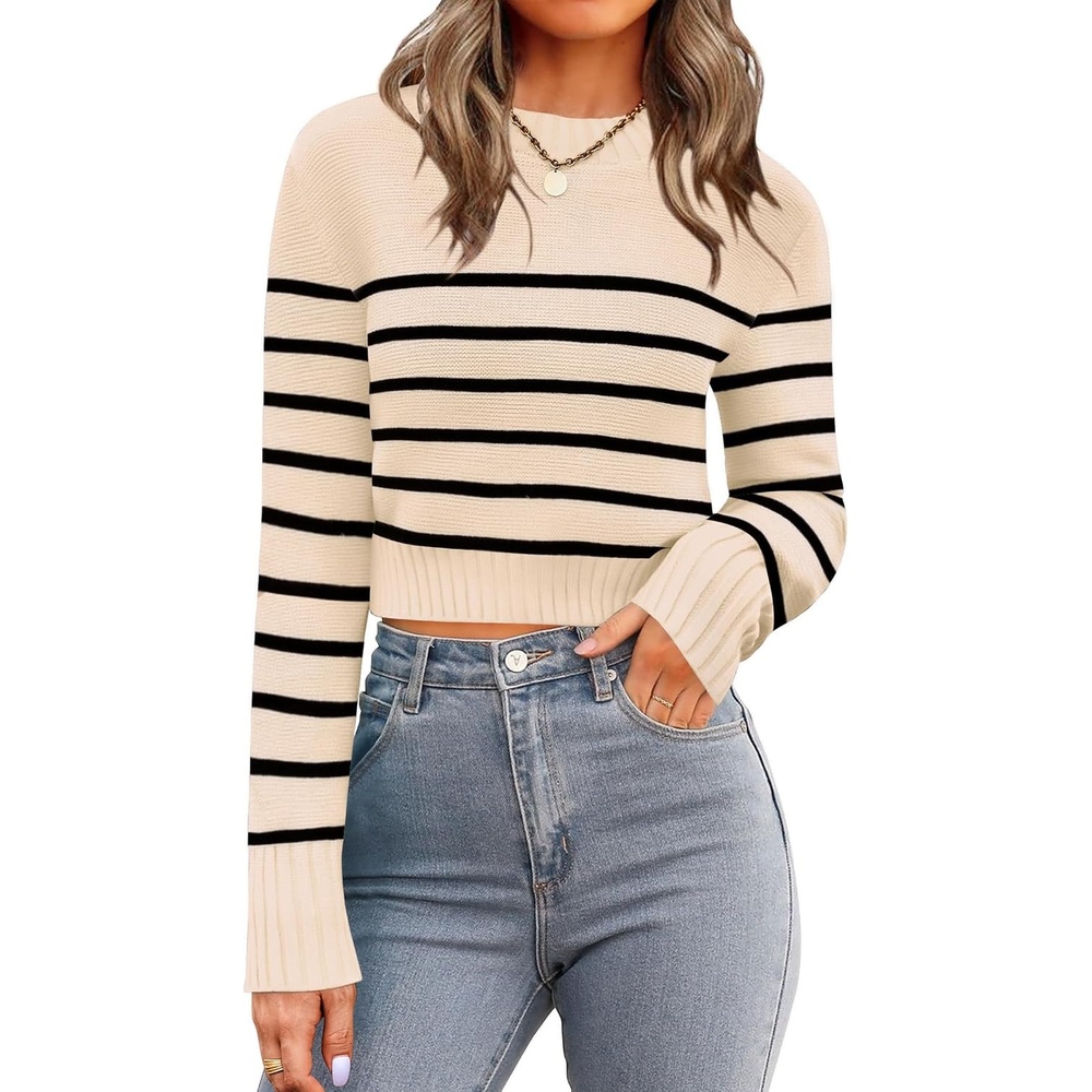 image:imageZeagoo Womens 2026 Fall Crewneck Cropped Sweaters Long Sleeve Knit TopsZapricot Black Stripe