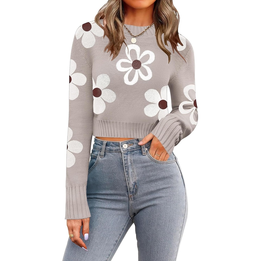 image:imageZeagoo Womens 2026 Fall Crewneck Cropped Sweaters Long Sleeve Knit TopsZfloral White