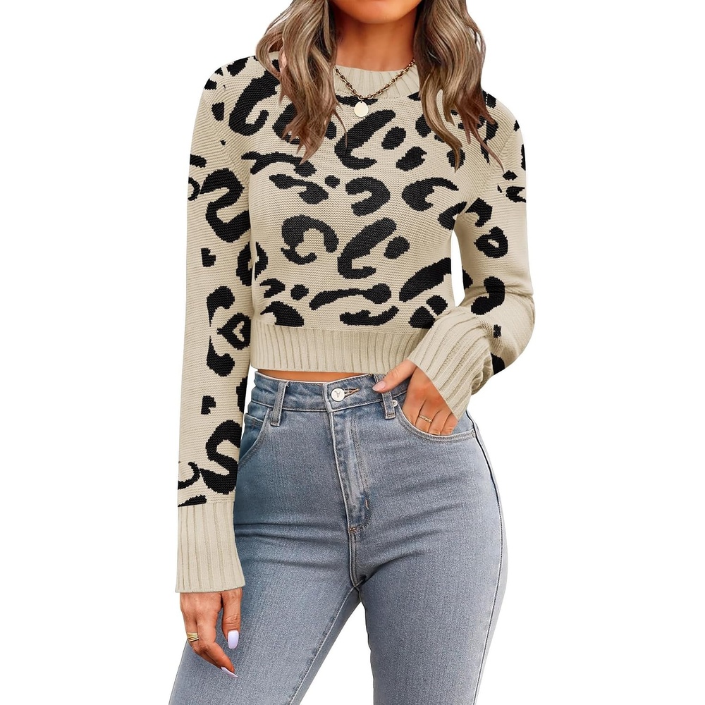 image:imageZeagoo Womens 2026 Fall Crewneck Cropped Sweaters Long Sleeve Knit TopsZleopard Print