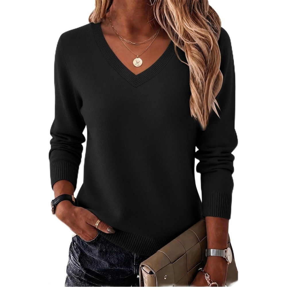 image:imageZeagoo Womens 2026 Fall Long Sleeve Sweaters V Neck Dressy Casual TopsBlack