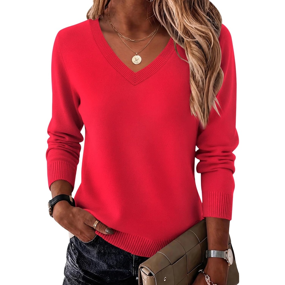 image:imageZeagoo Womens 2026 Fall Long Sleeve Sweaters V Neck Dressy Casual TopsRed