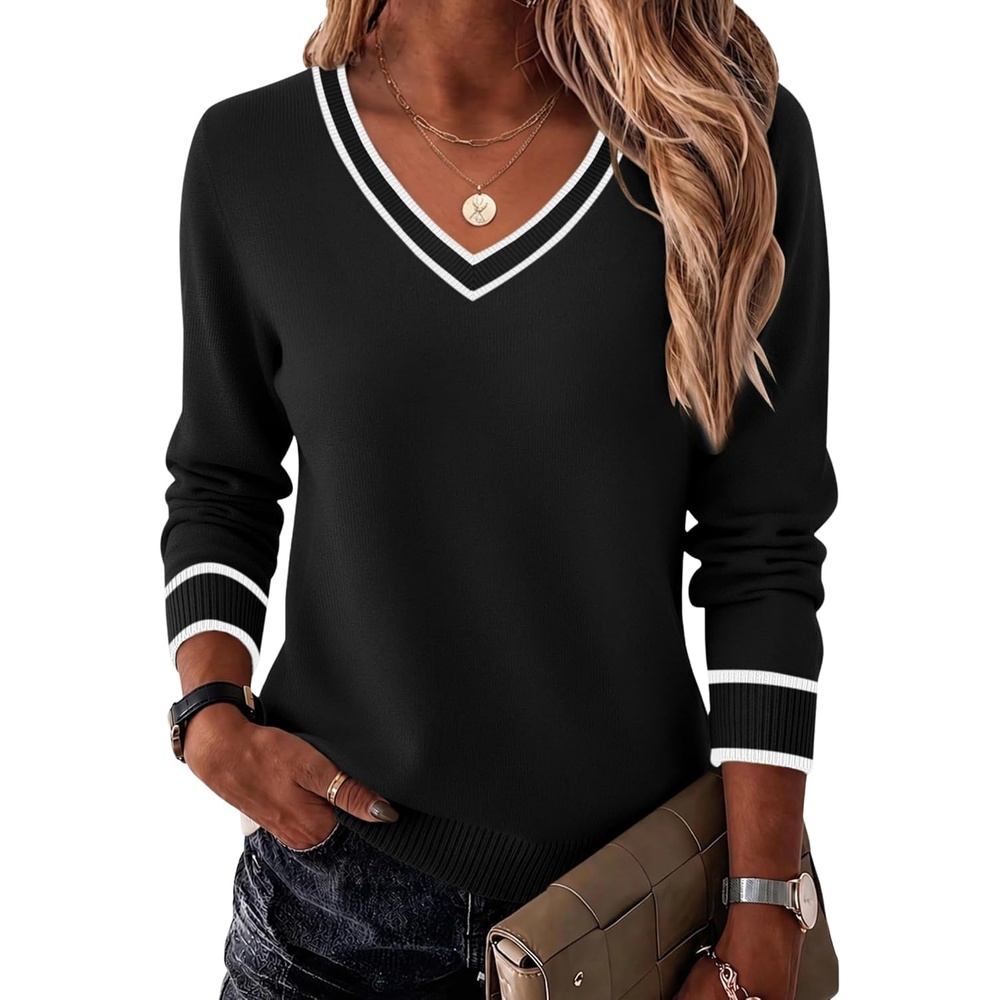 image:imageZeagoo Womens 2026 Fall Long Sleeve Sweaters V Neck Dressy Casual TopsStripeblack
